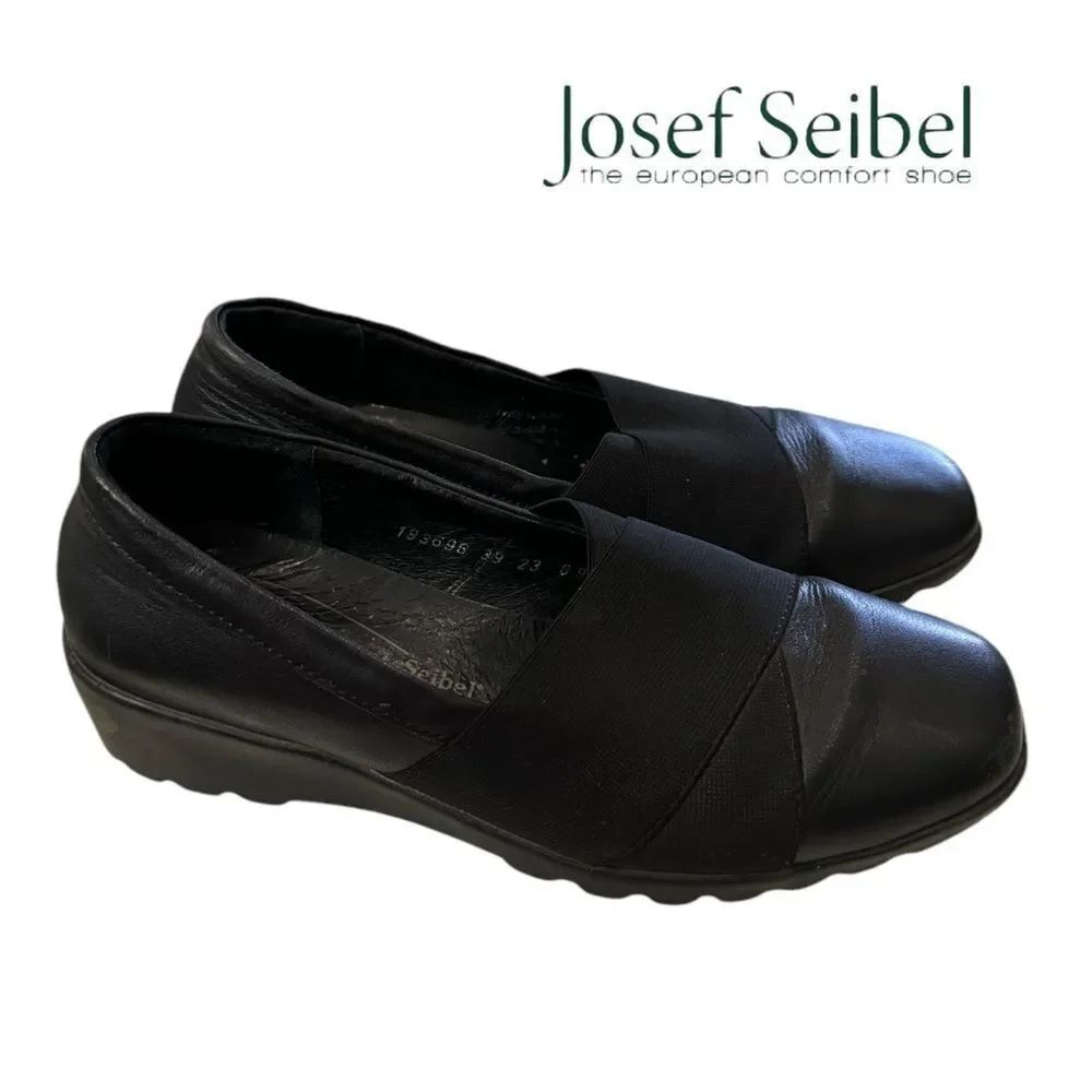 Josef Seibel Black Leather Slip-on Wedge Loafers 39